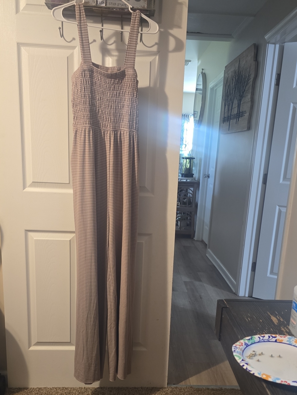 Zenana Outfitters Taupe Striped Smocked Jumpsuit